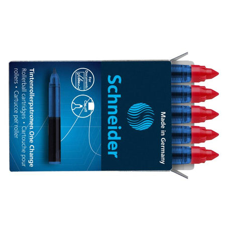 Red rollerball refill cartridges from Schneider, featuring 0.6mm line width and smudge-proof, waterproof ink in a 5-piece box.