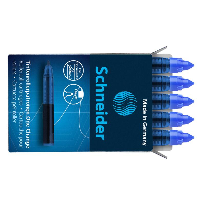 Schneider blue rollerball refill cartridges, pack of 5, designed for smooth writing, quick-drying, and waterproof performance.