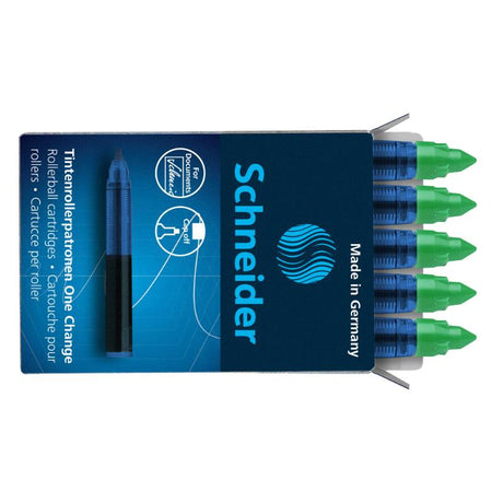 Schneider green rollerball refill cartridges, pack of 5, featuring ultra-smooth tip, quick-drying, and waterproof ink.