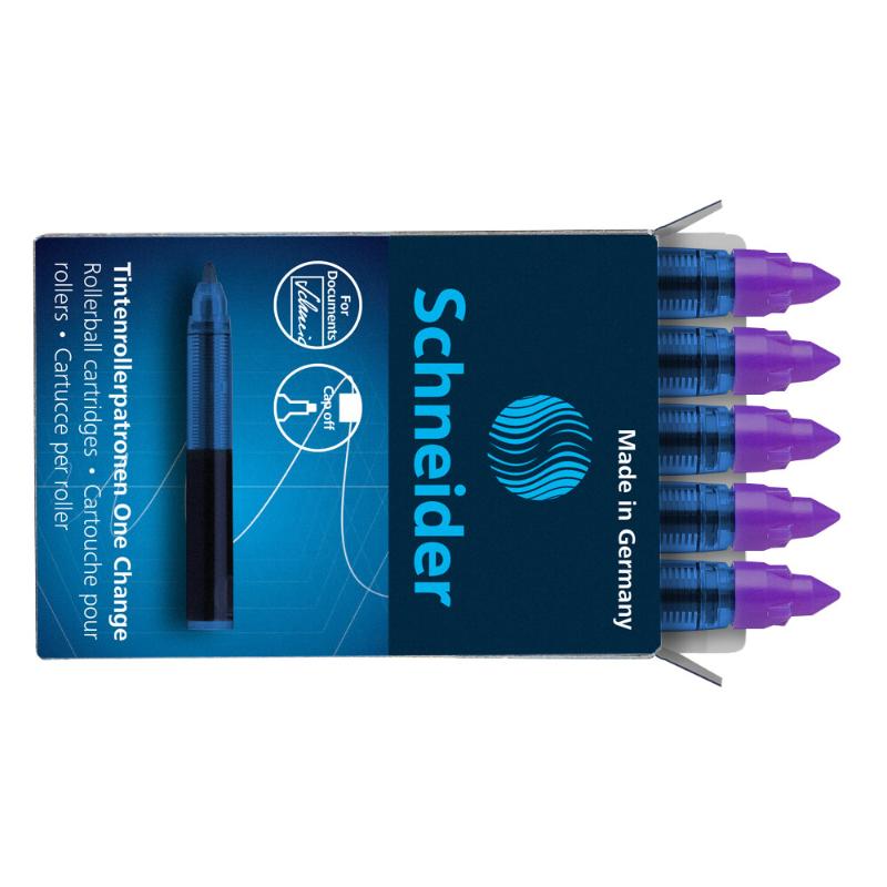 Schneider rollerball refill cartridges in violet, ultra-smooth tip, quick-drying, smudge-proof, pack of 5 for optimal writing.