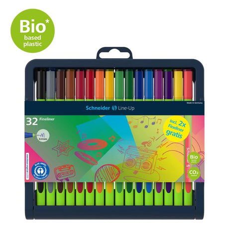 Schneider Fineliner set with 32 vibrant colors, 0.4mm precision, ergonomic design, and eco-friendly adjustable pencil case.