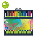 Colorful 16-piece Schneider Fineliner set with 0.4mm tips, ergonomic triangular barrels, and eco-friendly pencil case stand.