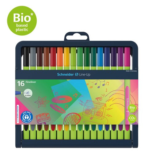 Colorful 16-piece Schneider Fineliner set with 0.4mm tips, ergonomic triangular barrels, and eco-friendly pencil case stand.