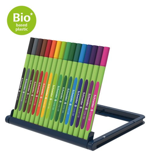 Schneider Fineliner set with 16 vibrant colors, 0.4mm tips, eco-friendly design, and adjustable pencil case stand.