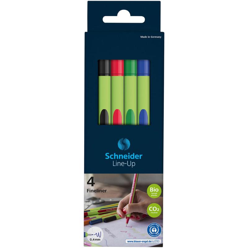 Schneider Fineliner set in assorted colors with adjustable case, featuring eco-friendly design and 0.4mm fine point precision.