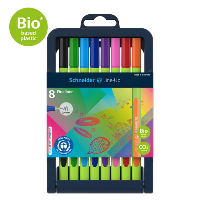 Schneider Fineliner Line-Up 0.4mm assorted pen set in vibrant colors with ergonomic design and eco-friendly pencil case.