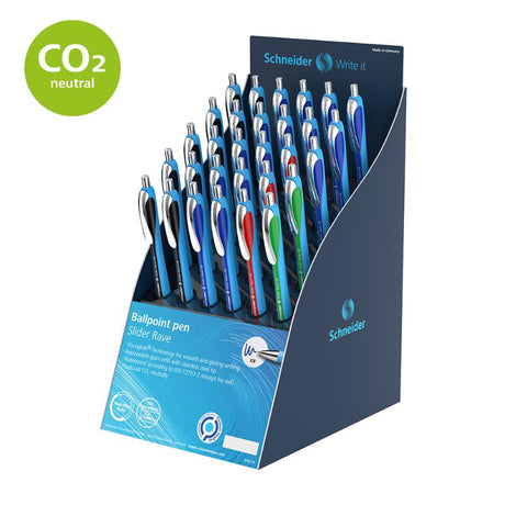 Schneider Ballpoint Slider Rave Display with 30 smooth-writing pens in blue, featuring ergonomic grip and replaceable refills.