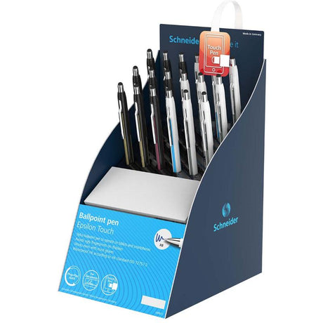 Schneider Epsilon Touch ballpoint pen set with stylus tip, blue ink, ergonomic design, includes 18 pieces for versatile use.