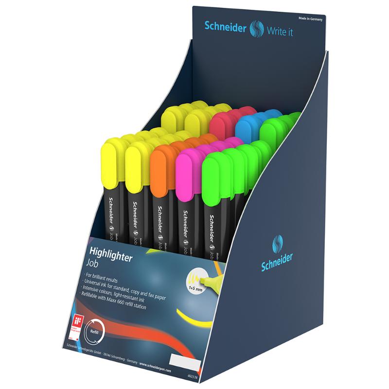 Vibrant assortment of 35 Schneider highlighters with chisel tip, designed for versatile use and long-lasting freshness.