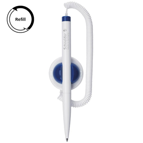 Schneider Klick-Fix ballpoint pen with medium blue ink, white barrel, and self-adhesive holder for easy access.