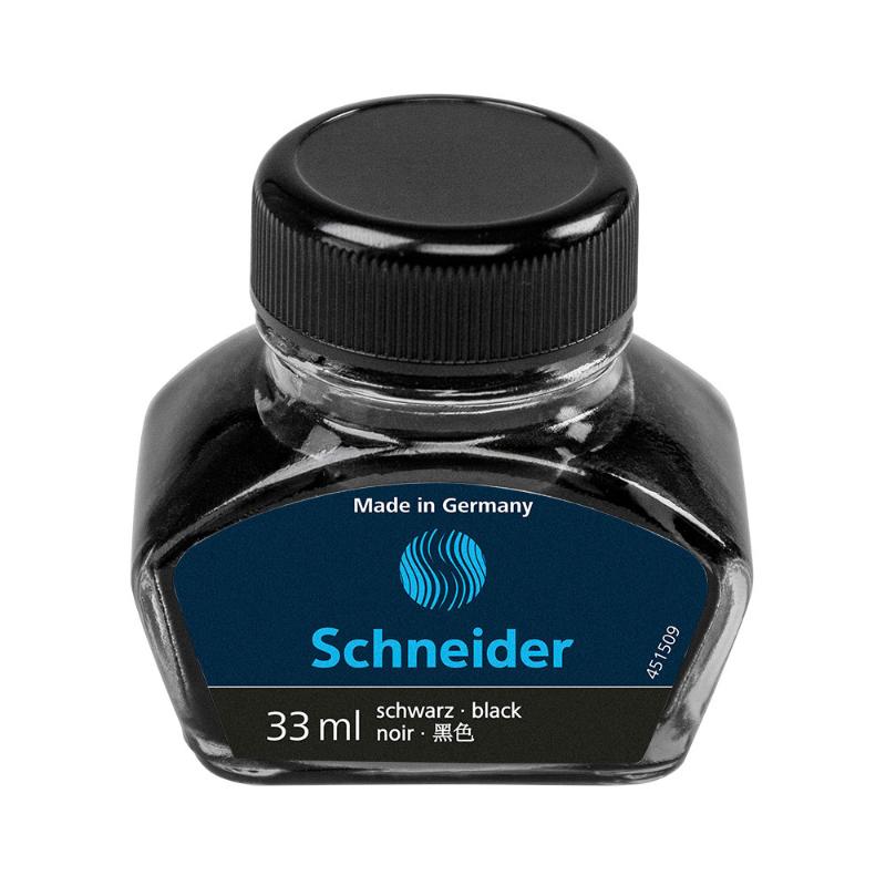 Schneider 33ml black ink bottle features eco-friendly refilling for fountain pens and rollerballs, promoting smooth writing.