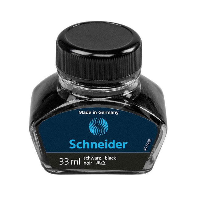 Schneider 33ml black ink bottle features eco-friendly refilling for fountain pens and rollerballs, promoting smooth writing.