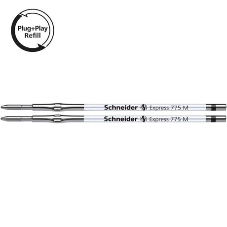 Schneider Refill 775 Medium Black ink refills in blister pack, designed for smooth, waterproof writing in various pens.