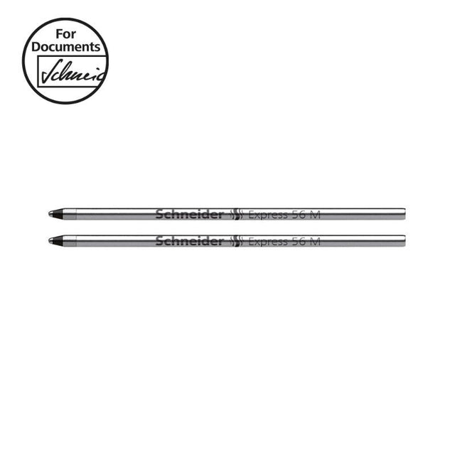 Schneider Pen Refill Ballpoint 56 in black, two-pack, features a stainless steel tip and eco-friendly Plug+Play design.