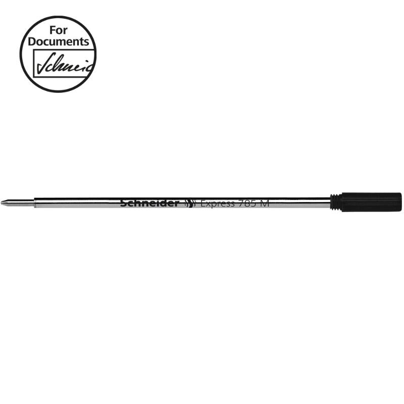 Schneider 785 black ballpoint pen refill with metal construction, screw thread, and wear-resistant stainless steel tip.