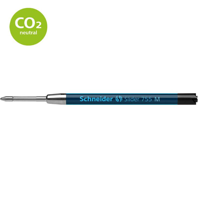 Schneider Pen Refill Ballpoint 755 in medium black, featuring smooth Viscoglide technology and a wear-resistant stainless steel tip.