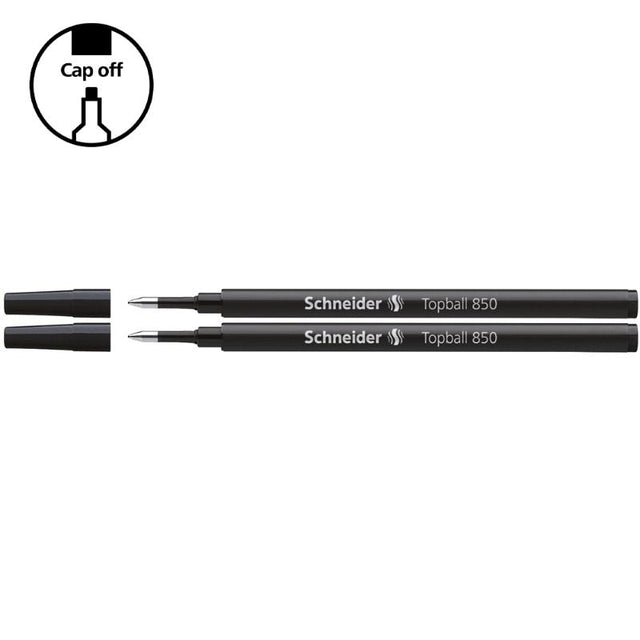 Schneider Pen Refill Rollerball 850 in black, 0.5mm tip, two pieces for smooth writing and cap-off ink technology.