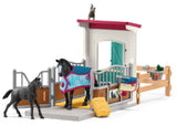 Schleich horse box set featuring a detailed mare and foal, perfect for imaginative play and learning about animal care.