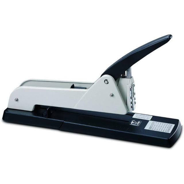 Heavy-duty long-arm stapler with 25cm depth, staples up to 180 sheets, uses No. 23 staples, 12-month warranty.