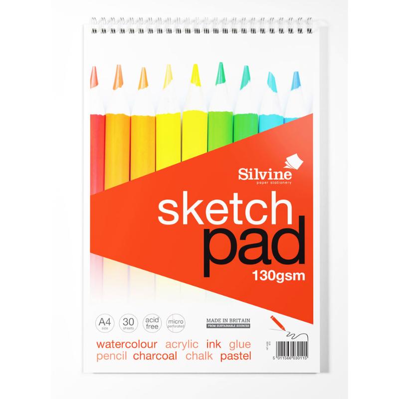 Silvine A4+ sketch pad with 30 sheets of 130gsm paper, perfect for sketching and drawing with various mediums.