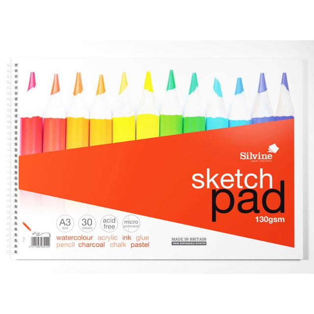 Silvine A3+ sketch pad with 130gsm paper, twin wire binding, 30 acid-free sheets for versatile artistic projects.