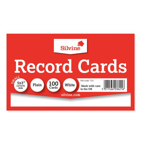 Plain white Silvine Record Cards 5x3, 100 cards for notes, flashcards, and creative projects, perfect for organization.