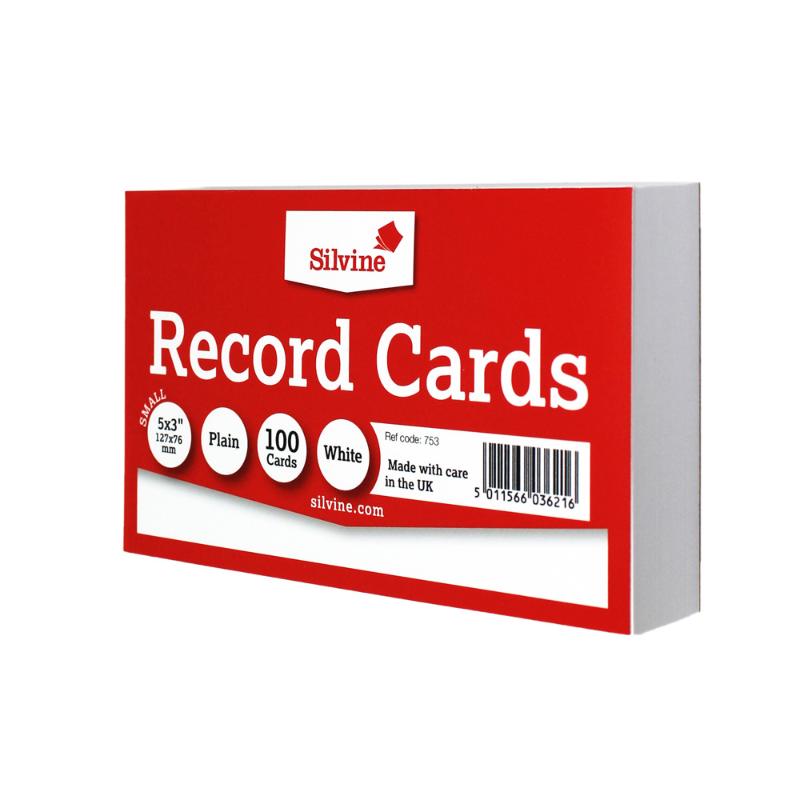 Plain white Silvine 5x3 record cards, perfect for notes, study aids, and creative projects; 100 high-quality, durable cards.