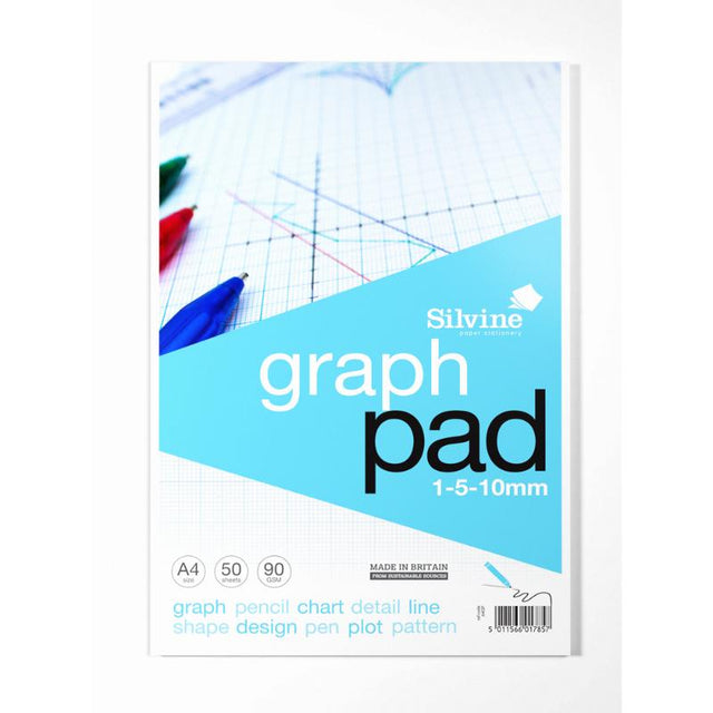 Silvine A4 Graph Pad with 1-5-10mm grids, 90gsm, 50 sheets for precise sketches and data plotting. Perfect for professionals and students.