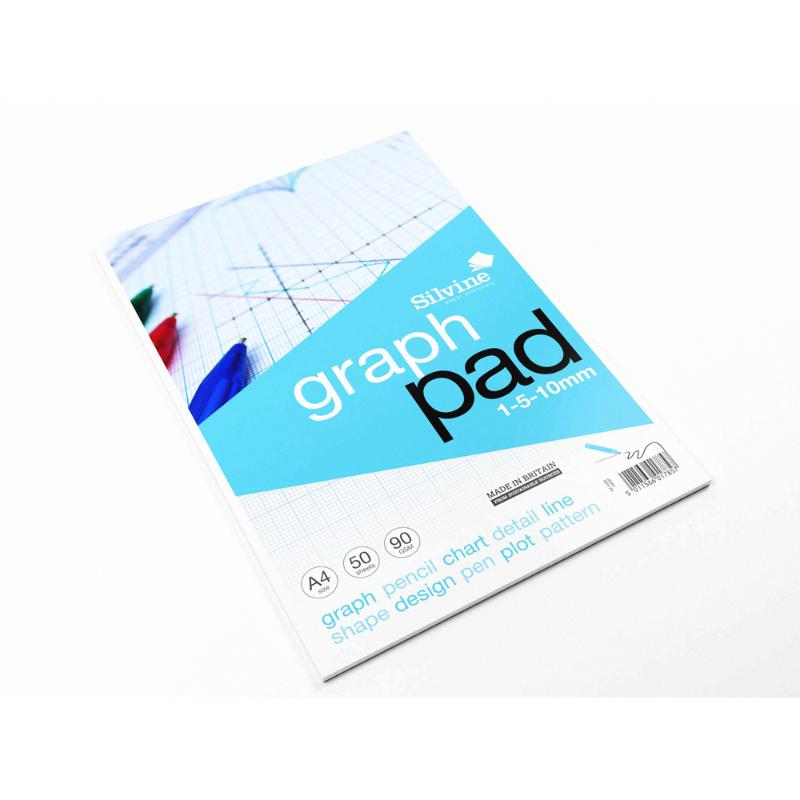 Silvine A4 Graph Pad with 1-5-10mm grids, 90gsm paper, 50 sheets, ideal for precise sketches and data plotting.