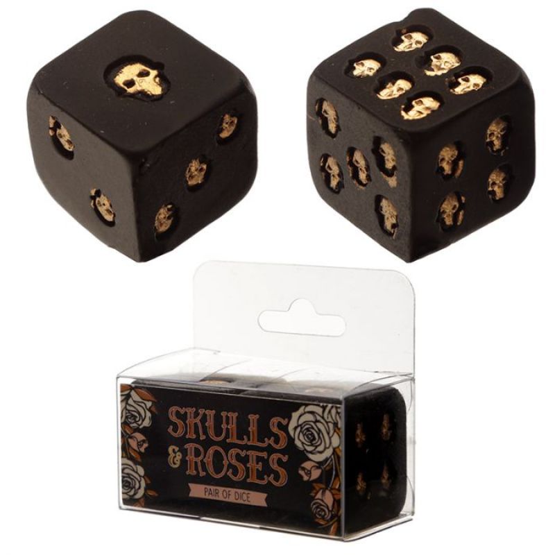 Black and gold skull dice set featuring intricate skull and rose designs, perfect for tabletop gaming enthusiasts.