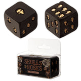 Black and gold skull dice set featuring intricate skull and rose designs, perfect for tabletop gaming enthusiasts.