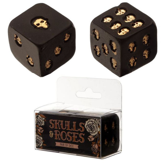 Black and gold skull dice set featuring intricate skull and rose designs, perfect for tabletop gaming enthusiasts.