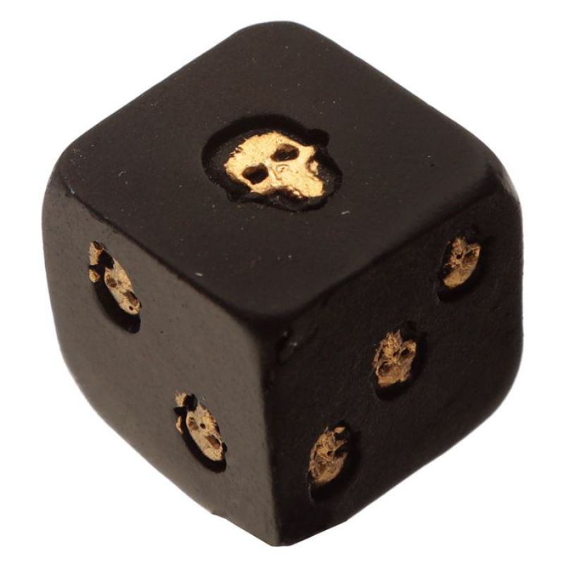 Black and gold skull dice set featuring intricate skull and rose designs, perfect for tabletop gaming and collecting.