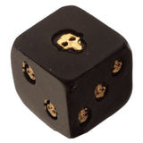 Black and gold skull dice set featuring intricate skull and rose designs, perfect for tabletop gaming and collecting.