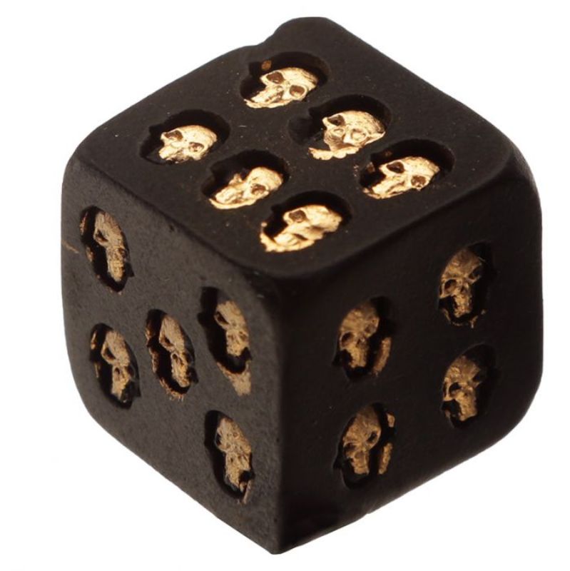 Black and gold skull dice set featuring intricate rose designs, perfect for tabletop gaming and collectors.