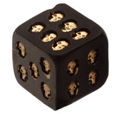 Black and gold skull dice set featuring intricate rose designs, perfect for tabletop gaming and collectors.