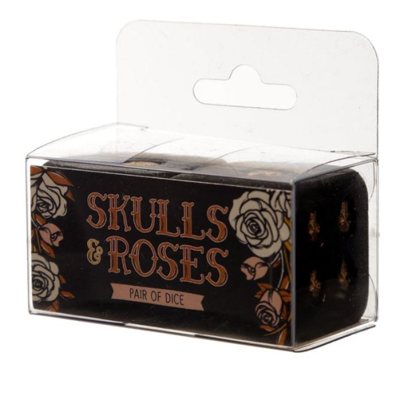 Alt text: "Set of 12 black and gold skull dice with intricate skull and rose designs for tabletop gaming."