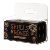 Alt text: "Set of 12 black and gold skull dice with intricate skull and rose designs for tabletop gaming."
