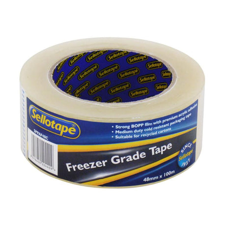 Clear freezer packaging tape, 48mmx100m, strong seal for cold storage, ideal for home and commercial use.