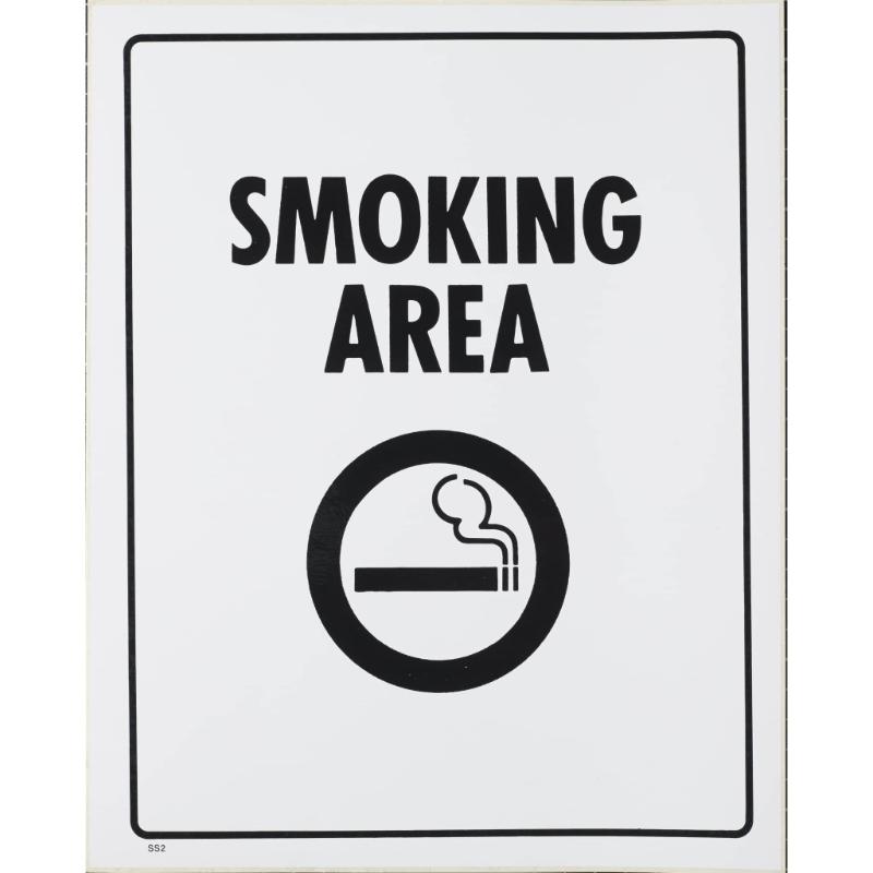 Self-adhesive white sign indicating designated smoking area, 290x230mm, weather-resistant for indoor/outdoor use.