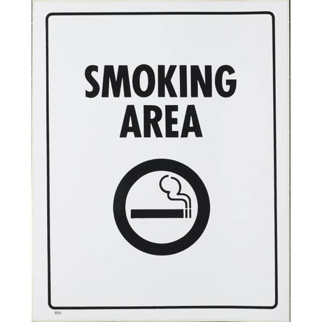 Self-adhesive white sign indicating designated smoking area, 290x230mm, weather-resistant for indoor/outdoor use.