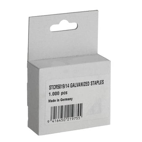 Galvanized Staples STCR5019, 14mm leg length, pack of 1000 for reliable stapling in office, home, and crafting projects.