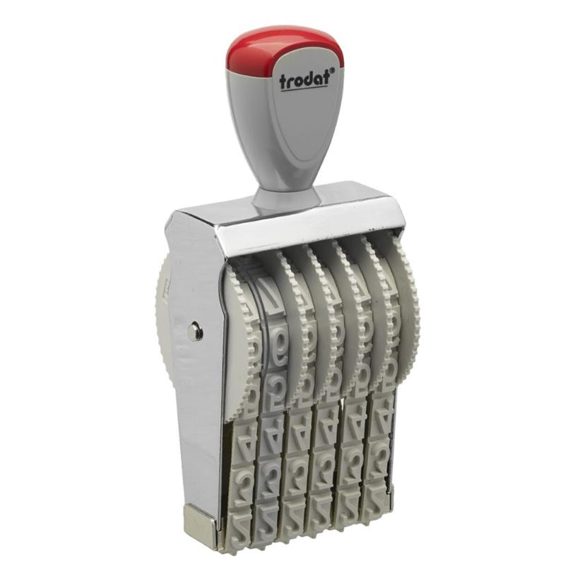 Trodat Classic Numberer 15126 with 12mm character size, adjustable bands, ergonomic grip, and durable metal frame for precision stamping.