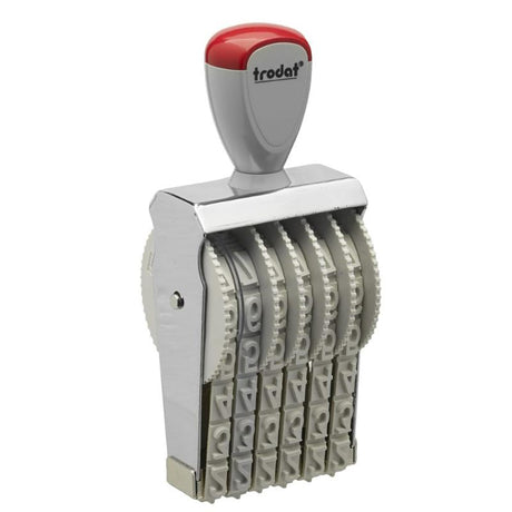 Trodat Classic Numberer 15126 with 12mm character size, adjustable bands, ergonomic grip, and durable metal frame for precision stamping.