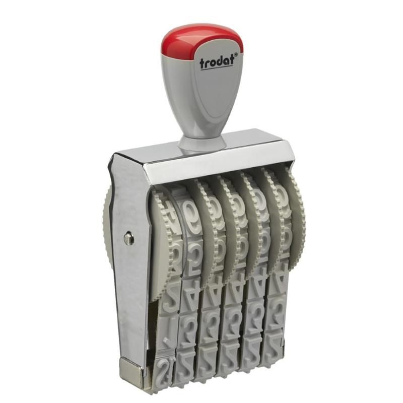 Trodat Classic Numberer 15156 with ergonomic grips, 15mm characters, and customizable letter bands for document organization.