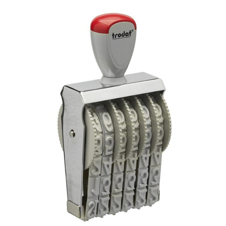 Trodat Classic Numberer 15156 with ergonomic grips, 15mm characters, and customizable letter bands for document organization.