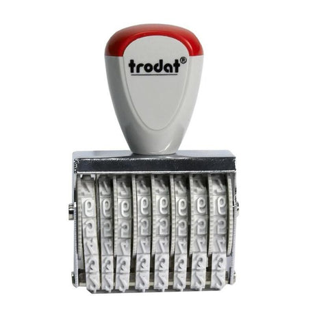 Trodat Classic Numberer 1548, a durable metal numberer with customizable bands, ergonomic grips, ideal for precise stamping.