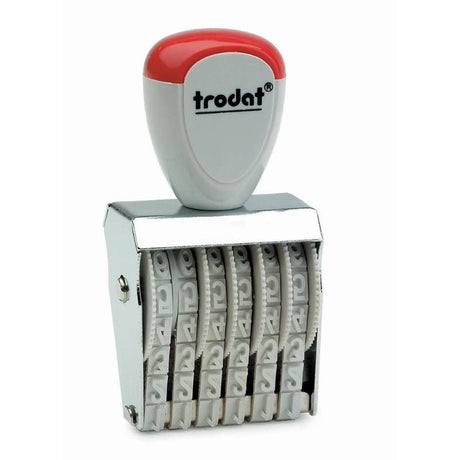 Trodat Classic Numberer 1556 with 5mm character size, 6 bands, ergonomic grips, and metal frame for easy handling.