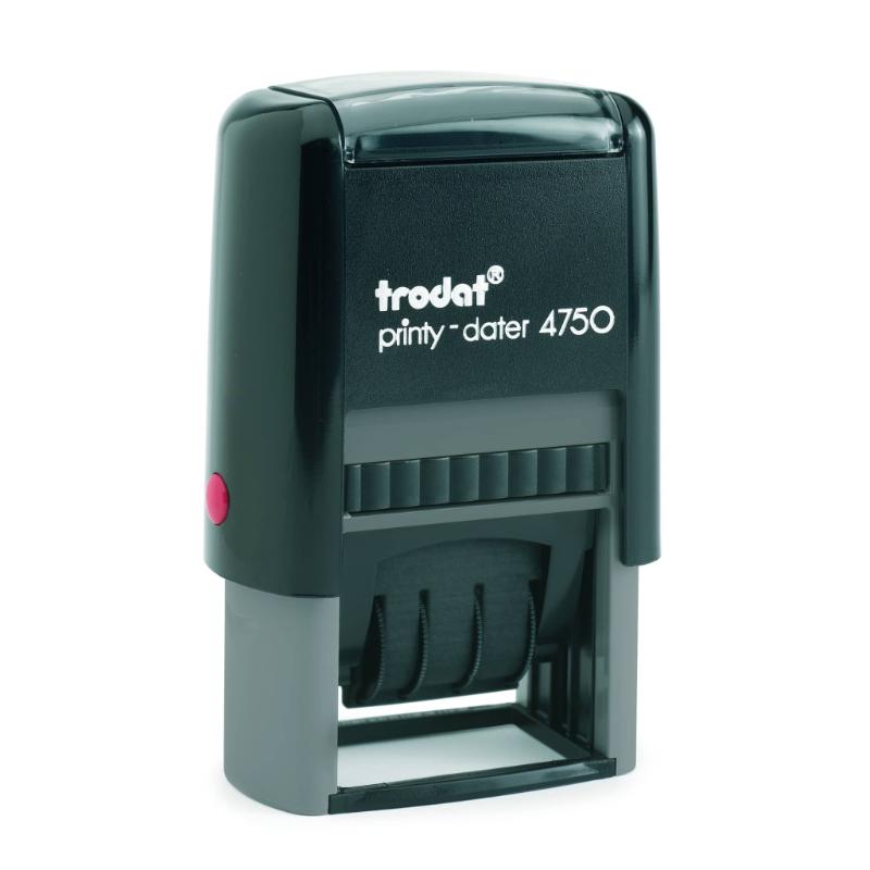 Trodat Printy Dater 4750 Faxed, eco-friendly, with 'FAXED' feature, clear date imprint, and easy ink cartridge change.