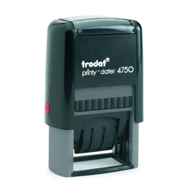 Eco-friendly Trodat Printy Dater 4750, self-inking, customizable with 2 lines, precise date imprint, and easy ink changes.